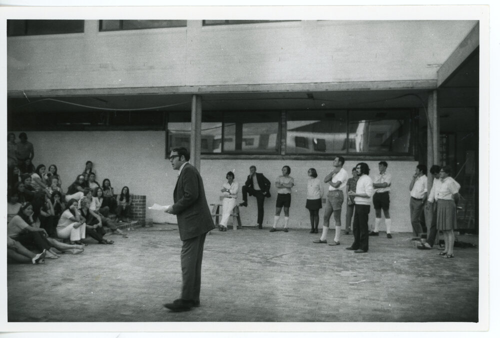 Unidentified gentleman addressing students, Austin College