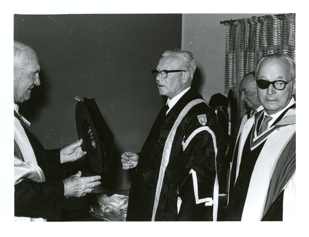 Sir Albert Axon, R. B Madgwick, Mr. Justice Clancy and Sir Richard Lane Poole, conferring of Honorary Degrees, 13 October 1962
