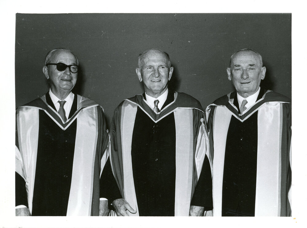 Sir Richard Lane Poole, Sir Albert Axon and Mr Justice Clancy, conferring of Honorary Degrees, 13 October 1962