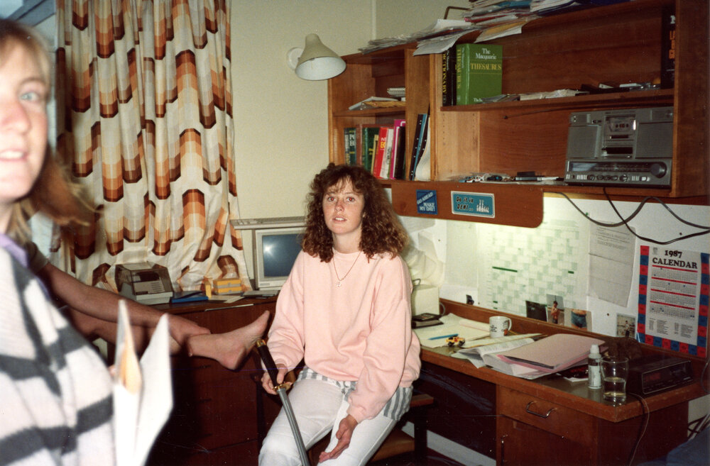 Sally Dibben in a dormitory room, Epsilon Block, Wright College