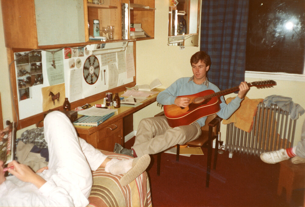 Wright College students in a dormitory room with a guitar, Epsilon Block