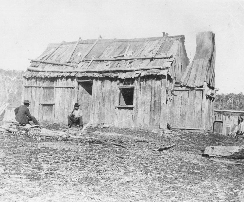 Old slab and bark hut behind Belle Vue Station, Mt Mitchell Road, Glencoe, NSW