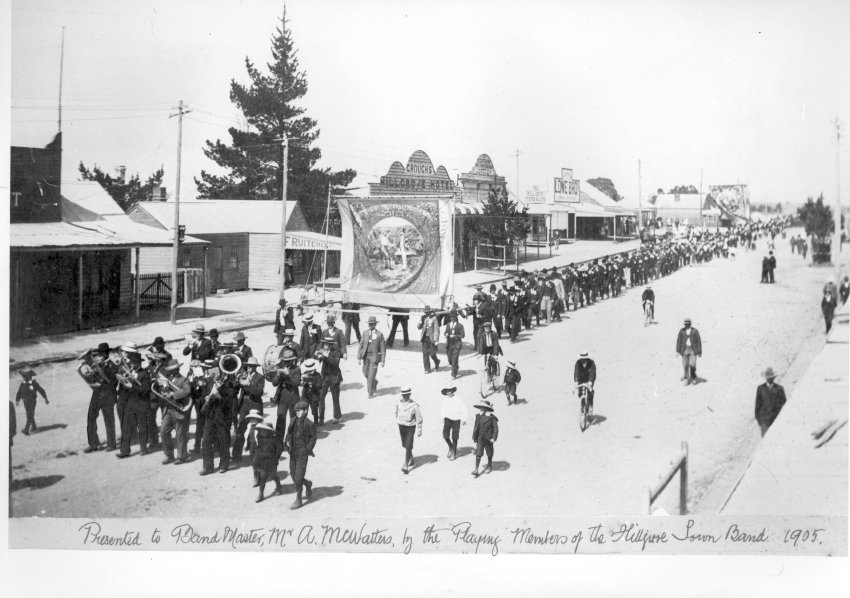 Hillgrove Town Band and miners' groups marching in the Eight-Hour Day procession, 1905