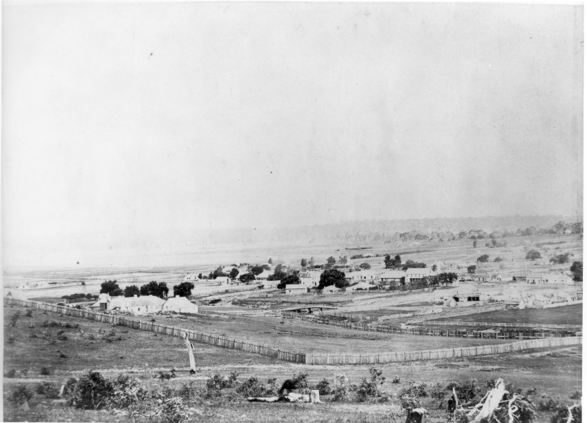 Panorama of Armidale looking south across Dumaresq Creek from Kirkwood Street to Gaol Hill, 1868