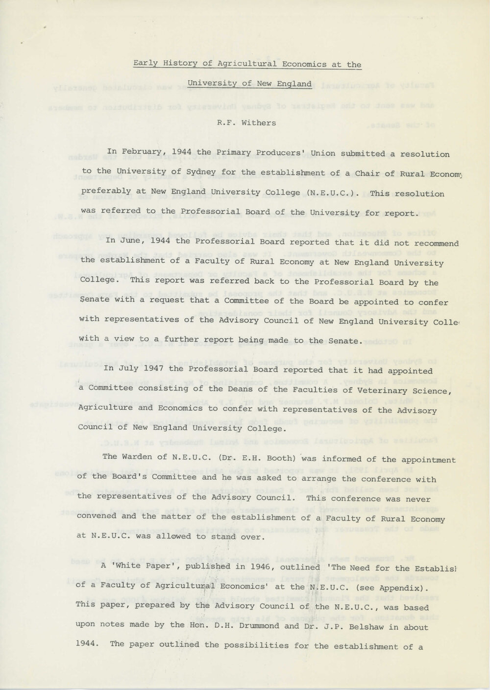 Early History of Agricultural Economics at the University of New England