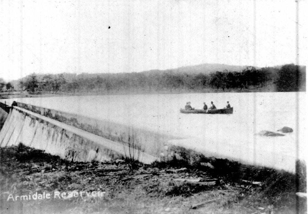 Armidale Reservoir, Dumaresq Dam wall and boat, c. 1935