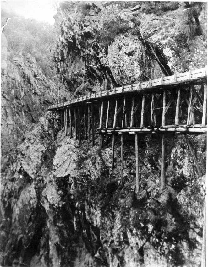 Styx River Hydro-Electric Scheme - the fluming and support system as it appeared in 1908. 