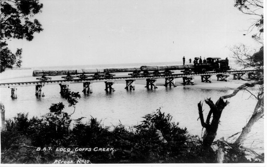 B.A.T. locomotive, Coffs Creek [Notation - British Australian Timber Co. Shay geared locomotive Coffs Harbour]