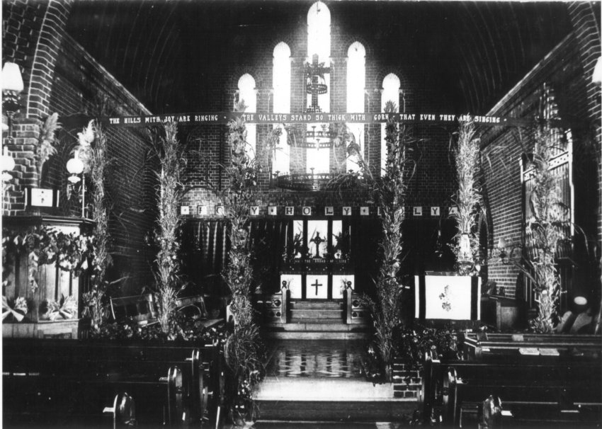 Interior of St. Peter's Anglican Cathedral (1875), decorated for Harvest Festival, c. 1880s