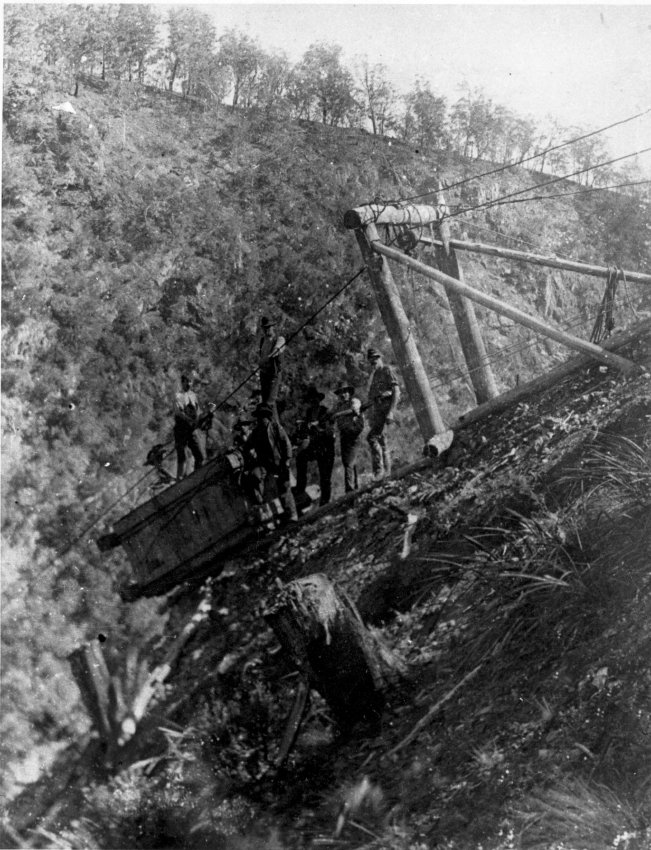 Styx River Hydro-Electric Scheme - cable car above generating shed, 1908