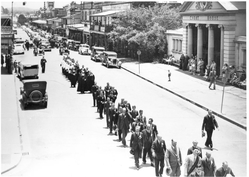 Funeral procession in Beardy Street for Most Rev. J.A. Coleman, D.D., D.Ph., died 22 December 1947