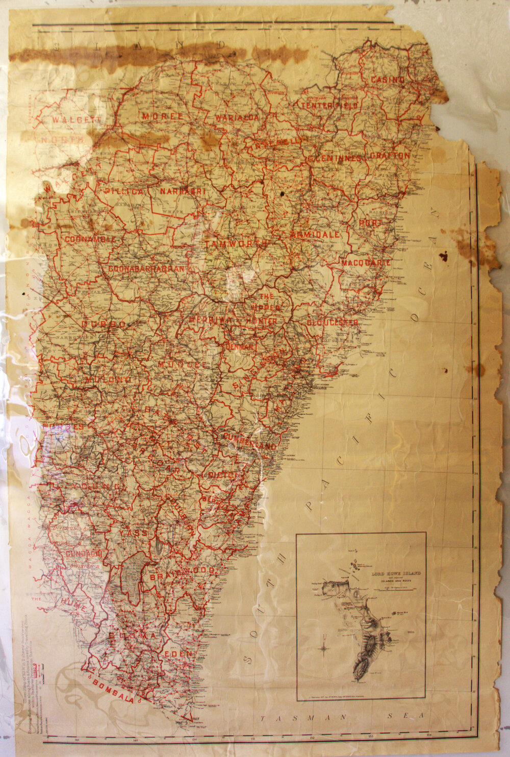 NSW - one of 2 sheets - showing distances along roads and travelling stock routes with Pasture Protection Districts. Inset map of Lord Howe