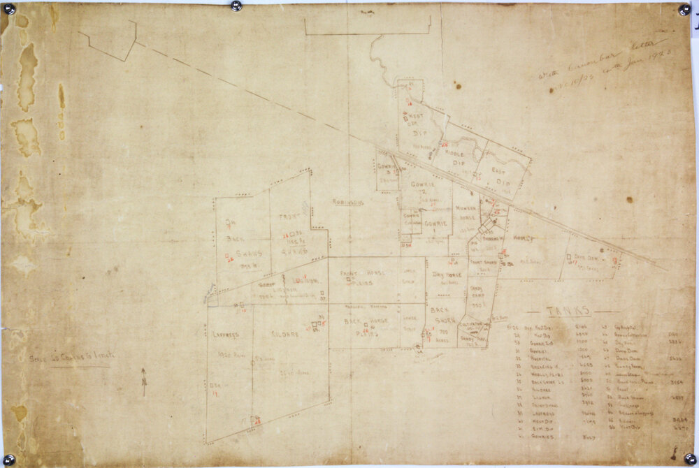 Canonbar, showing paddocks and location of tanks, 1823