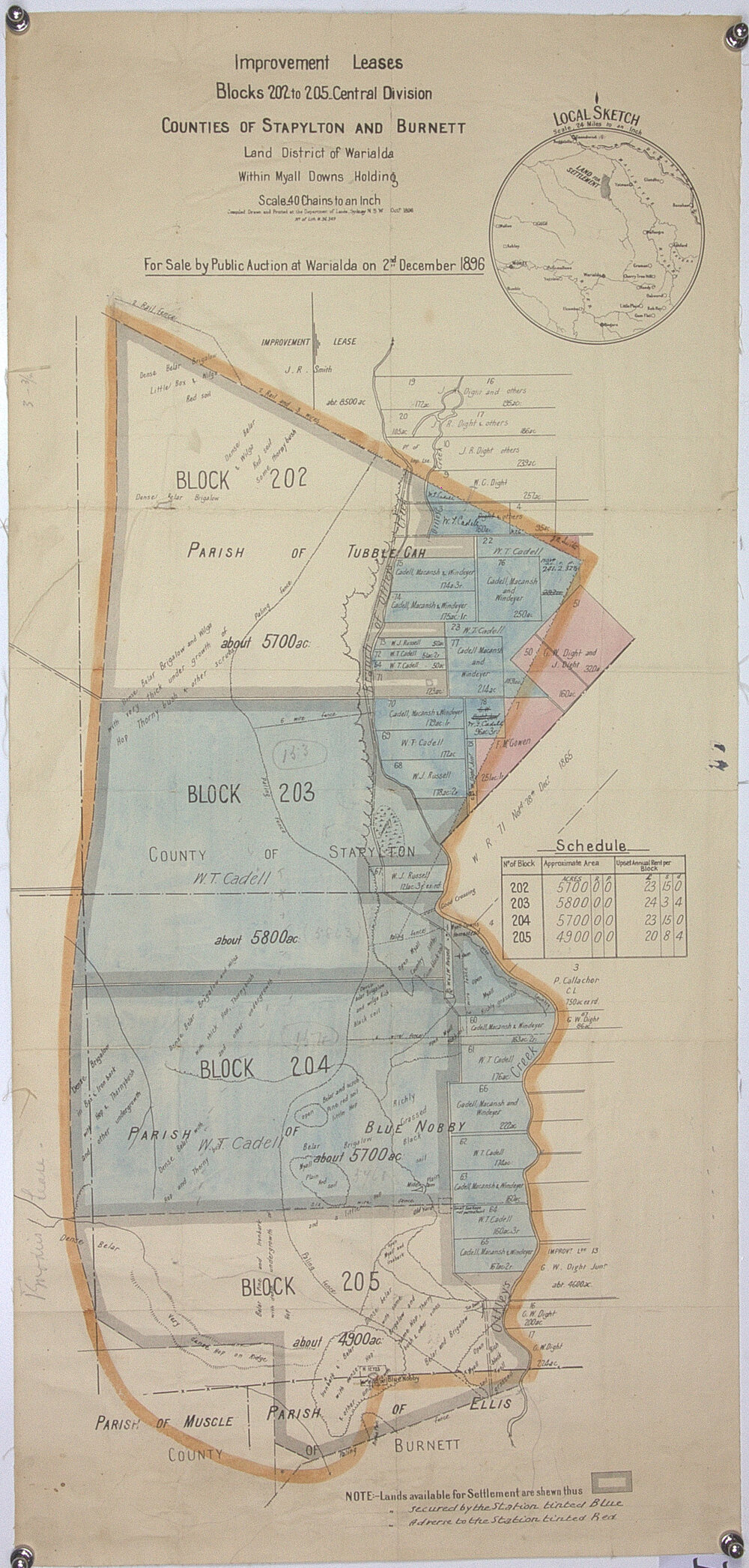 Sale by public auction at Warialda of Improvement leases, Central Division within Myall Downs Holding, 1896