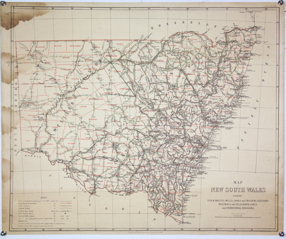 Map of NSW shewing stock routes, wells, tanks and trucking stations, railways, telegraph lines and territorial divisions, 1894