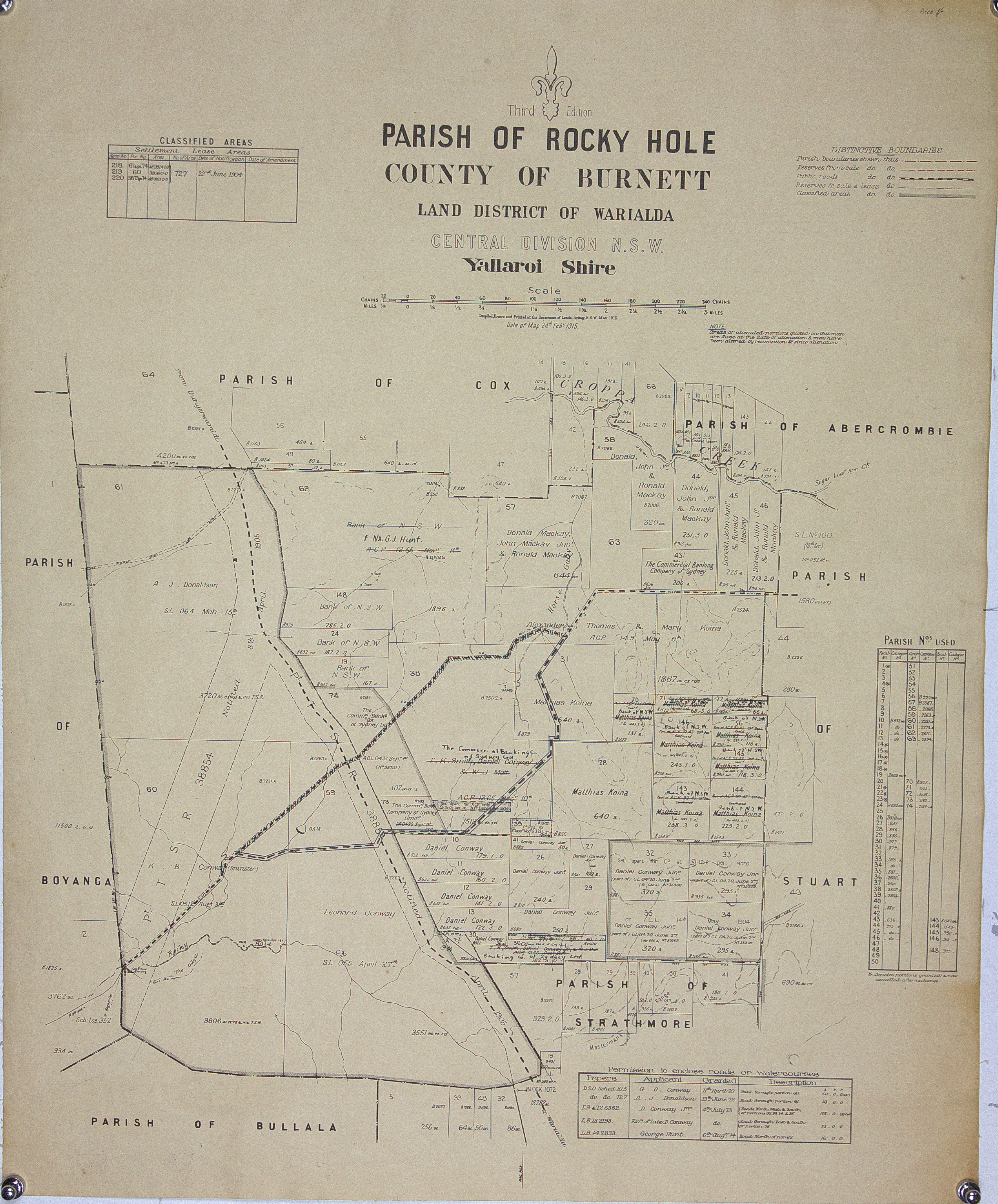 Yallaroi Shire, Warialda, roads highlighted, 1915