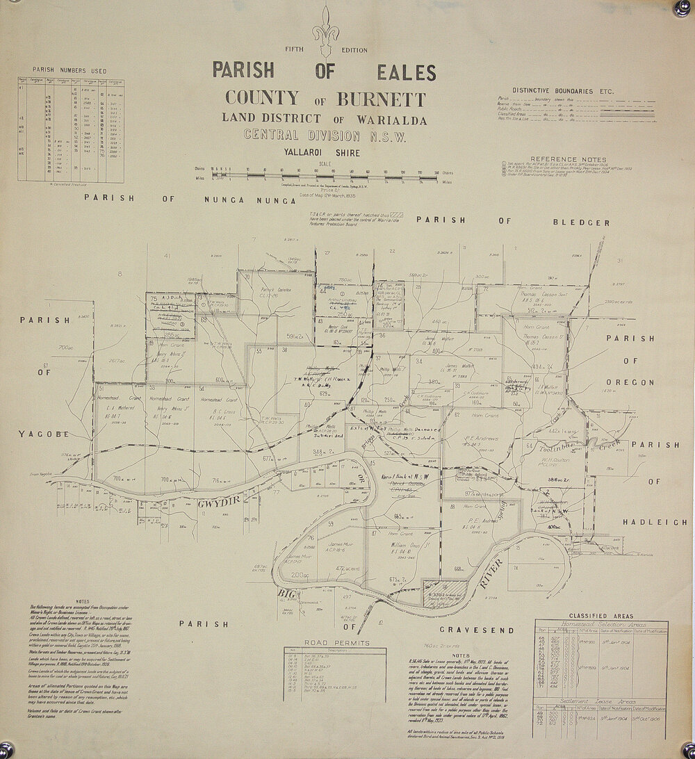 Yallaroi Shire, Warialda, roads highlighted, 1935