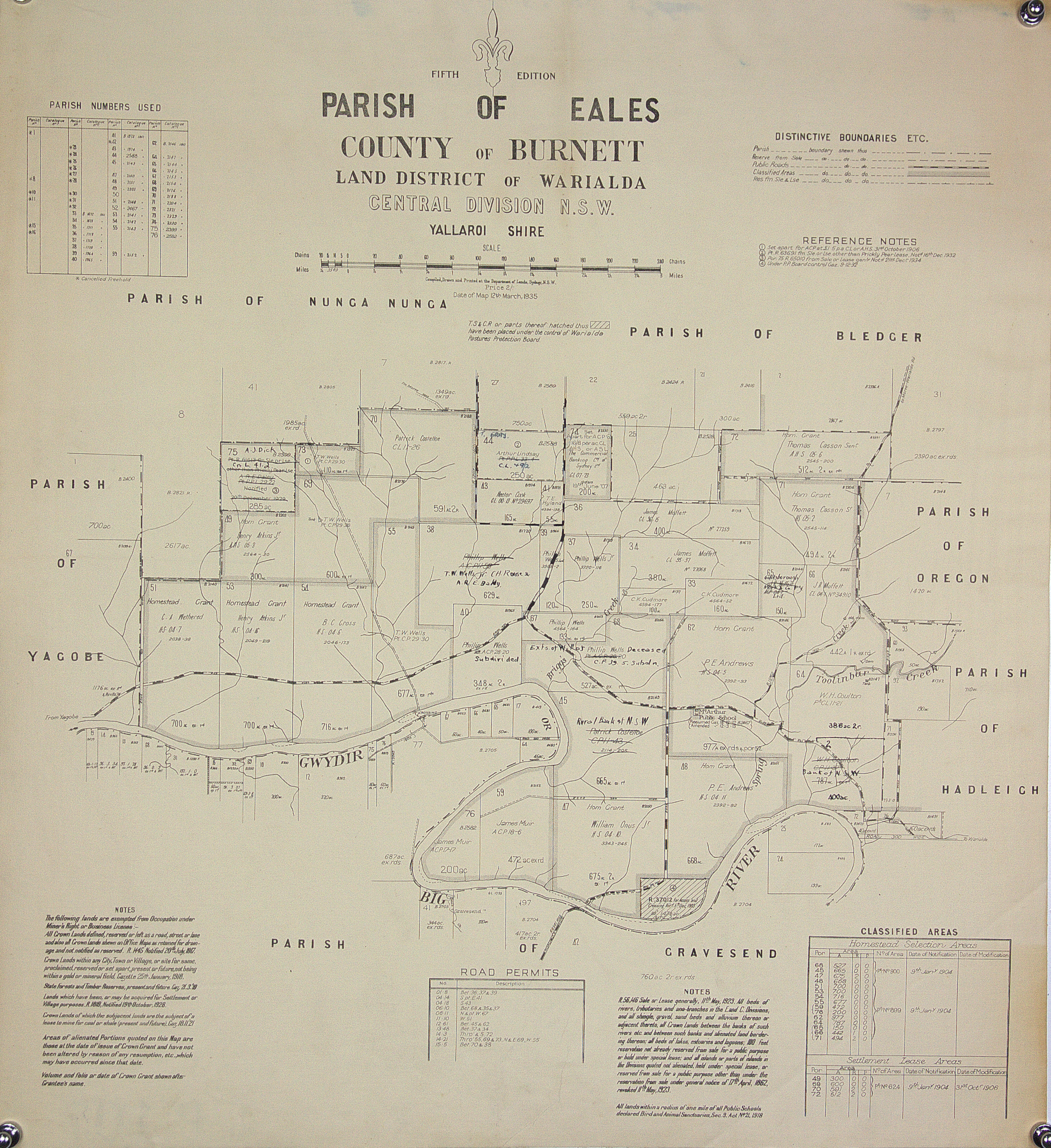 Yallaroi Shire, Warialda, roads highlighted, 1935