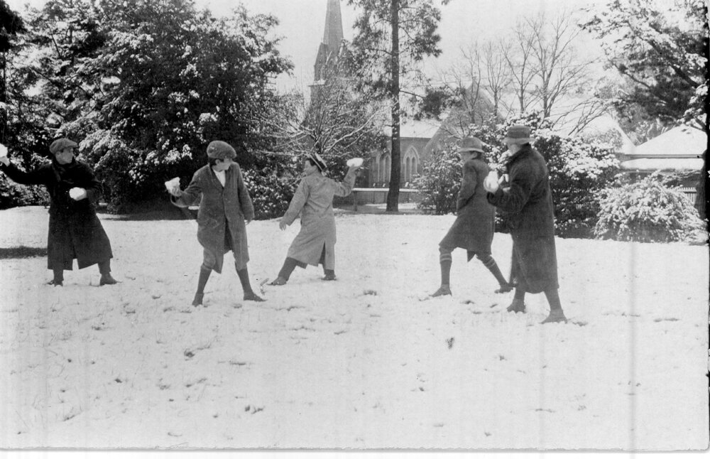 Central Park, snow fight, five men, St Mary's, 1917