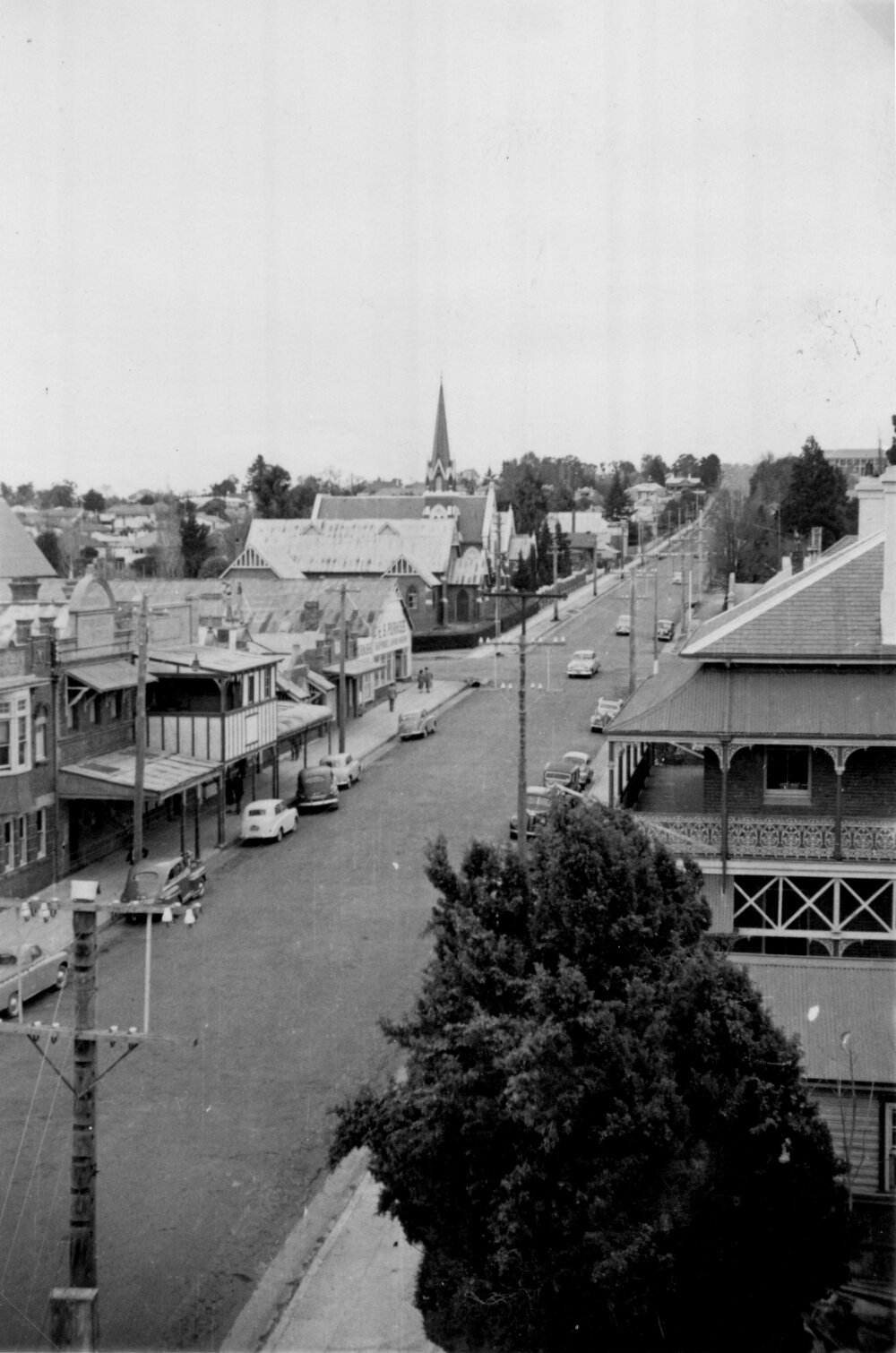 View looking South along Faulkner Street from Post Office roof, 1950s