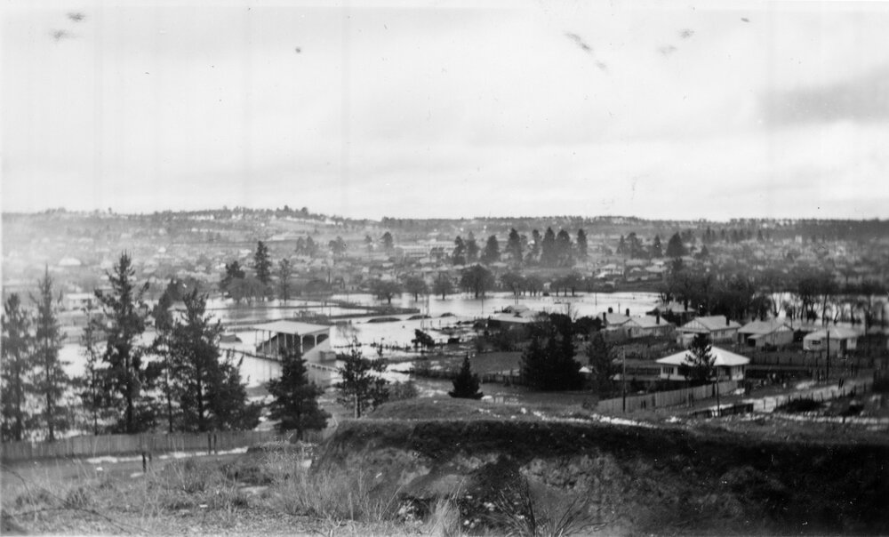 Armidale in snow and flood, looking across Rugby League Park, 1949