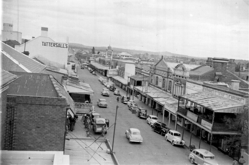 View from Post Office roof during repairs, looking west along Beardy Street, 1950s