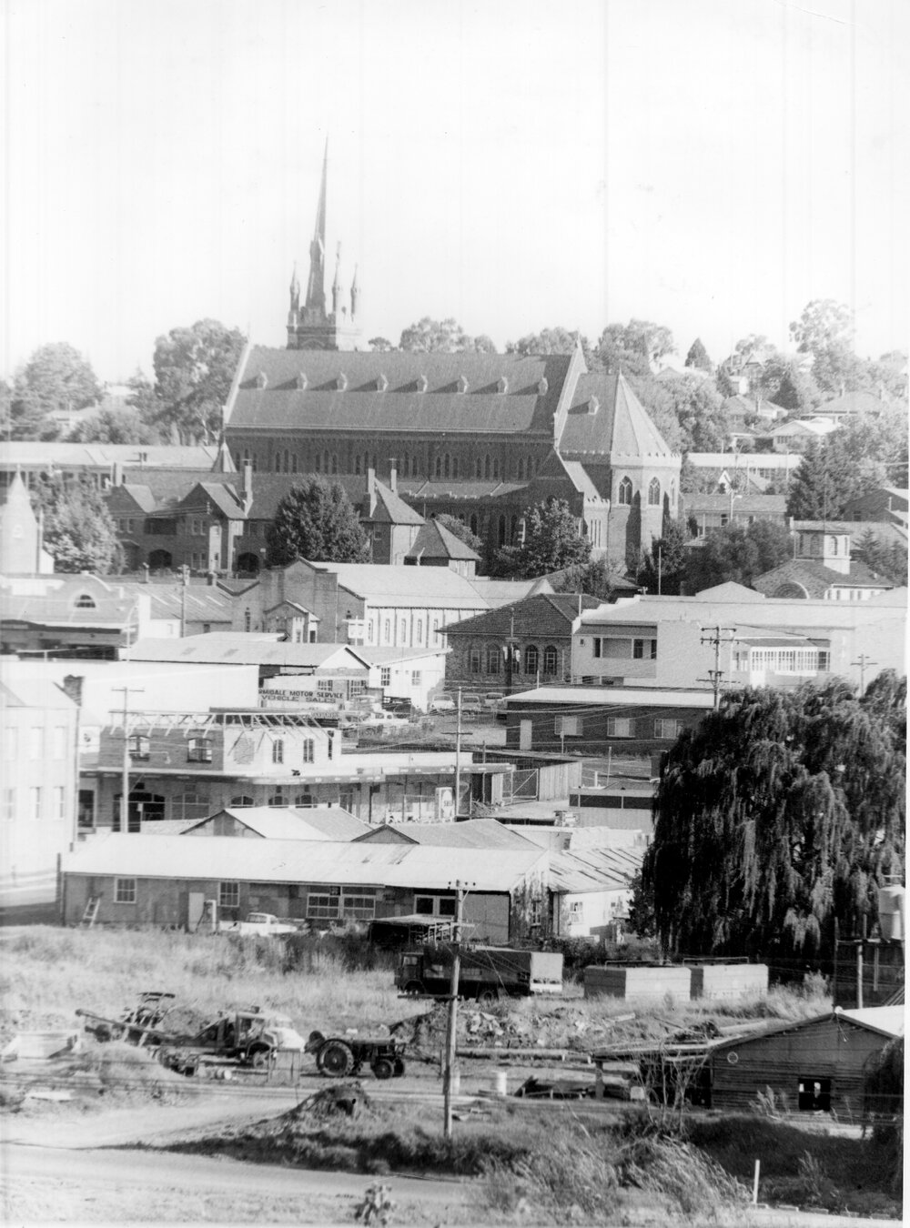 View of Armidale from above Rugby League Park; St Mary's, St Ursula's, Galloping Grape being built, case mill, c.1965
