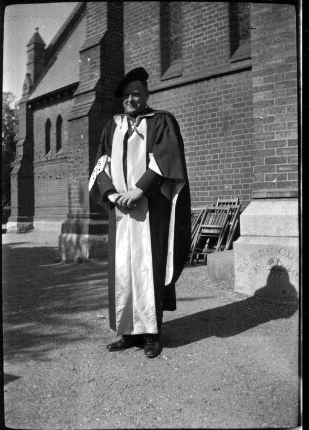 Dr. E. Booth, Warden of NEUC, outside St. Peter&rsquo;s Cathedral