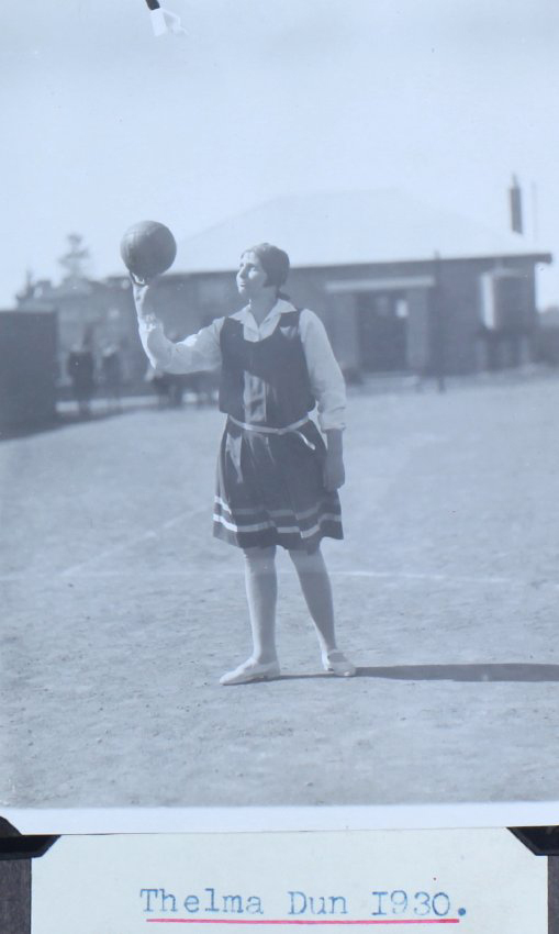Thelma Dun with a basketball, 1930
