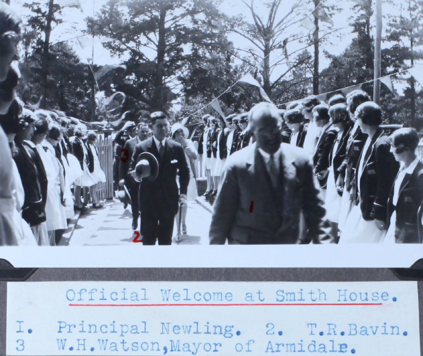 Official Welcome at Smith House, Principal Newling, T.R. Bavin, and W. H. Watson, Mayor of Armidale 