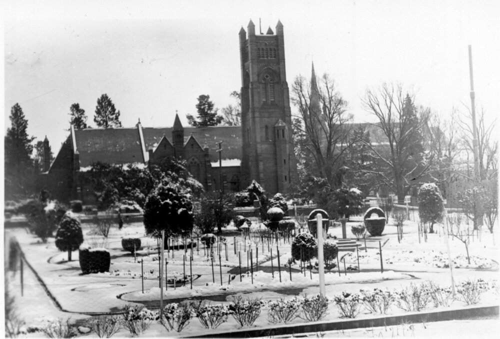 Looking across Tattersalls garden towards St Peter's Cathedral before 1946 