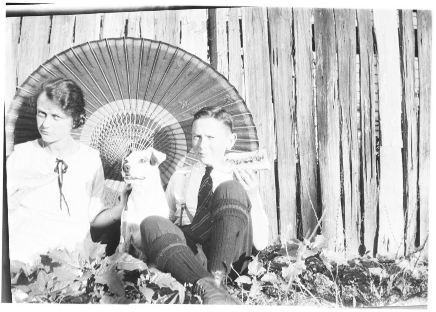 Clare Chamberlain and Ray Jopson with dog, c.1918-1921