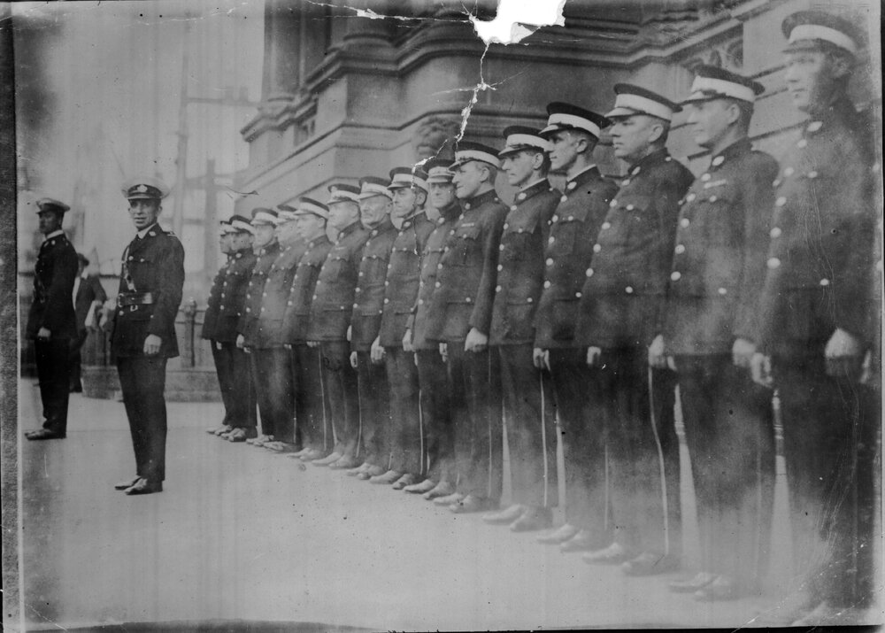 Soldiers on parade, front of Town Hall