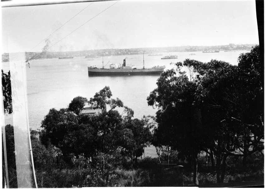 Unidentified stretch of harbour with a steam ship in the centre