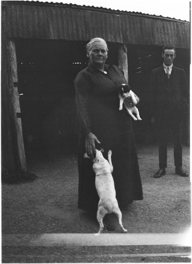 Unidentified woman with two dogs