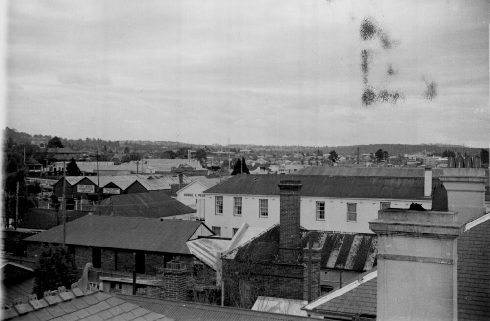 View towards Tattersalls and Ken Jones from Post Office roof, 1950s