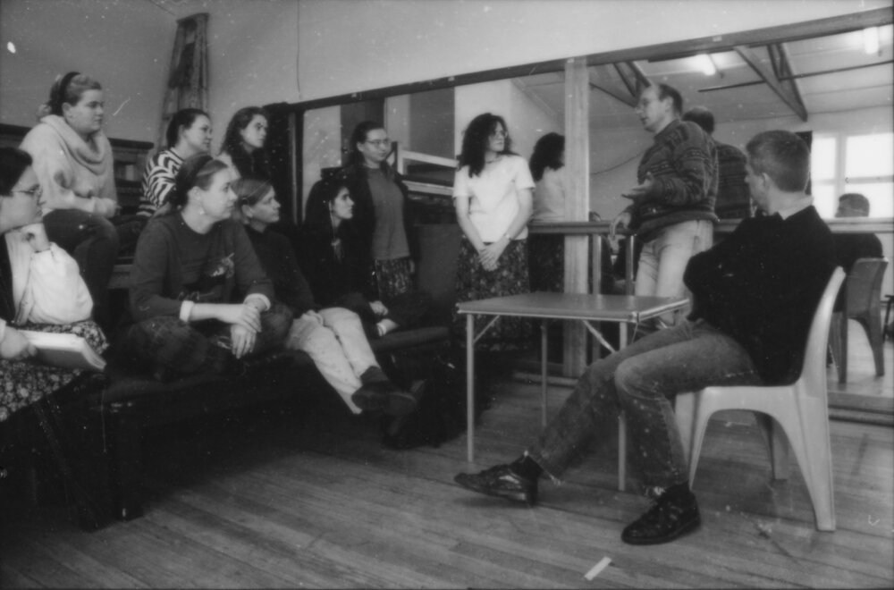 Theatre Studies - Mr Stephen Sewell (seated) and Mr Janis Balodis with students, 1994 
