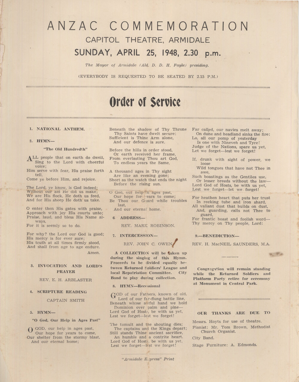 ANZAC Commemoration, Capitol Theatre, Order of Service