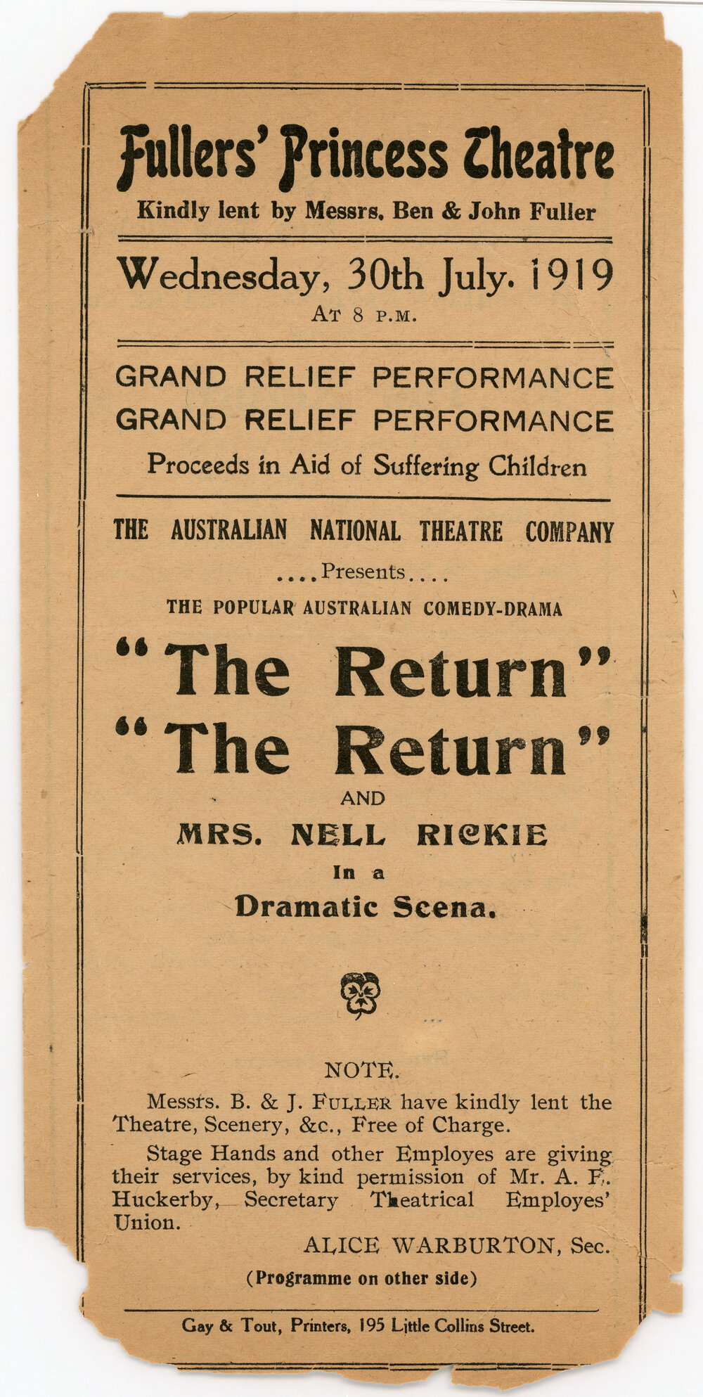 Australian Theatre Company presents "The Return", 1919