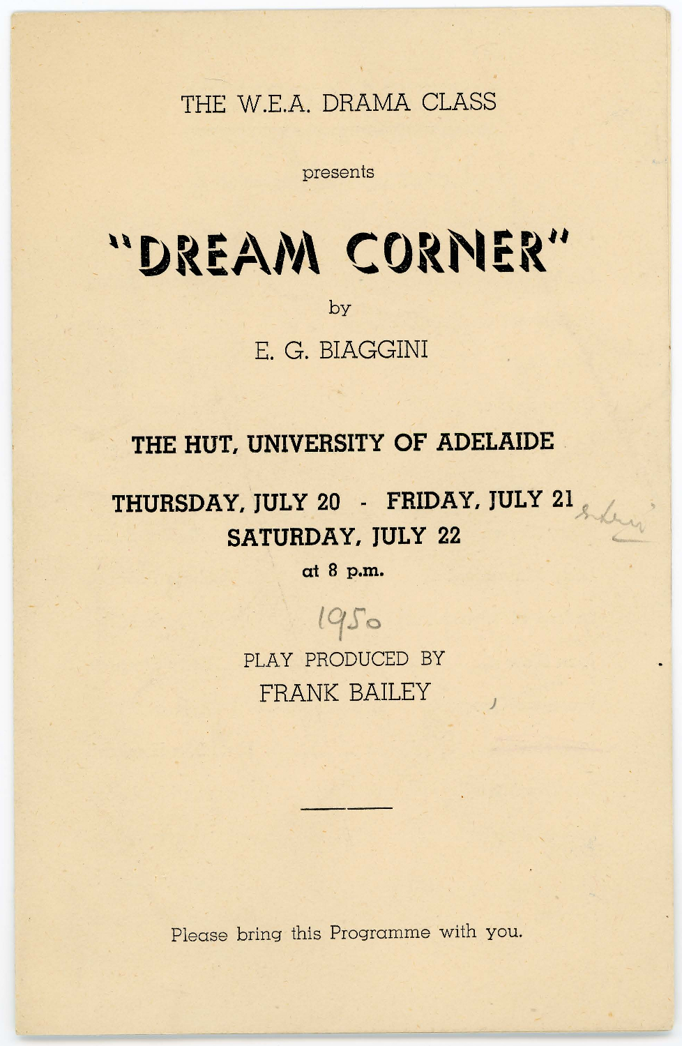 The W.E.A. Drama Class presents "Dream Corner" by E.G. Biaggini, 1950