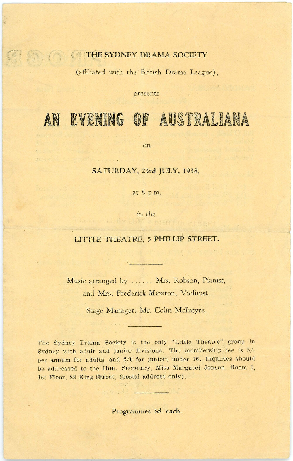 The Sydney Drama Society presents "An Evening of Australia", 1938