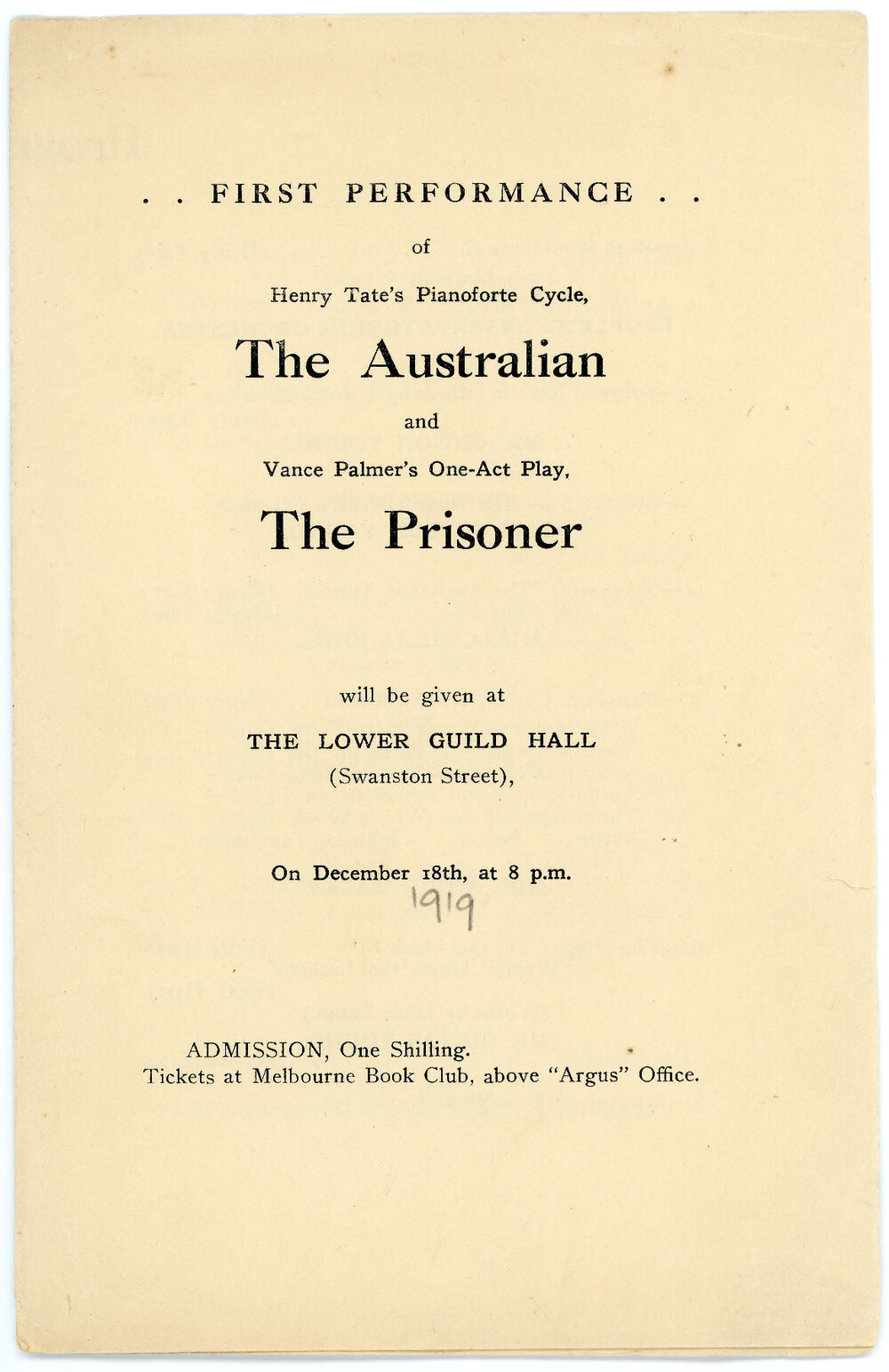 Theatre program - Henry Tate's "The Australian" and Vance Palmer's One-Act-Play "The Prisoner"