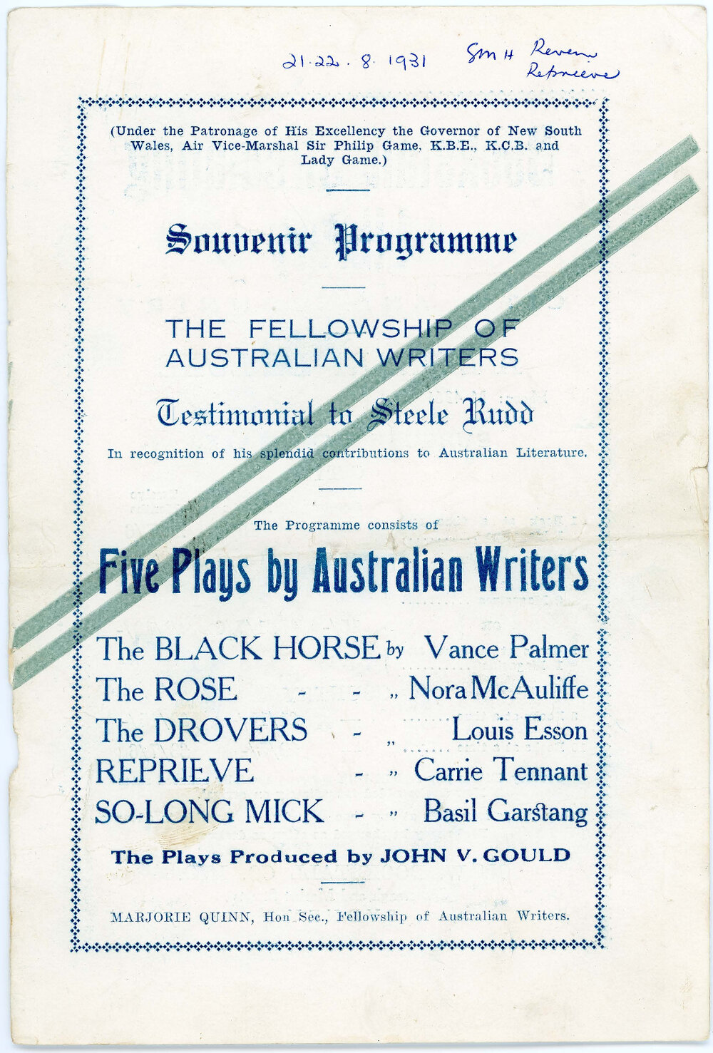 Programme - Five plays by Australian Writers, 1931