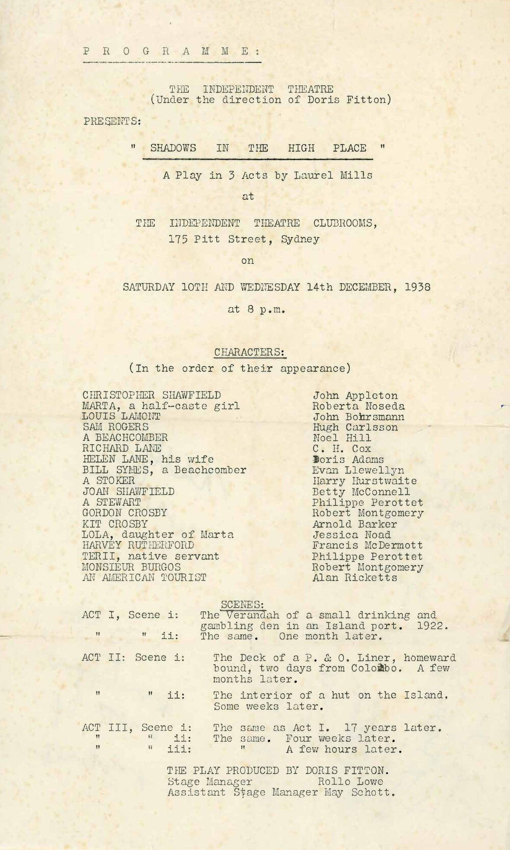 The Independent Theatre presents "Shadows in the High Place", 1938