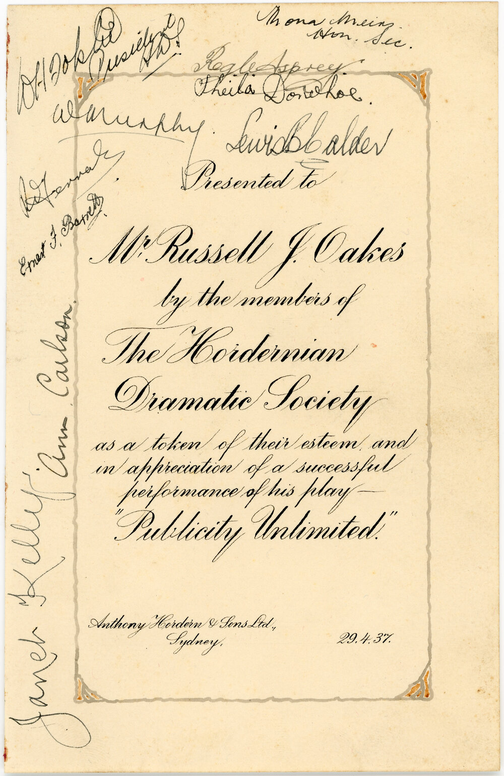 Certificate presented to Mr Russell J. Oakes