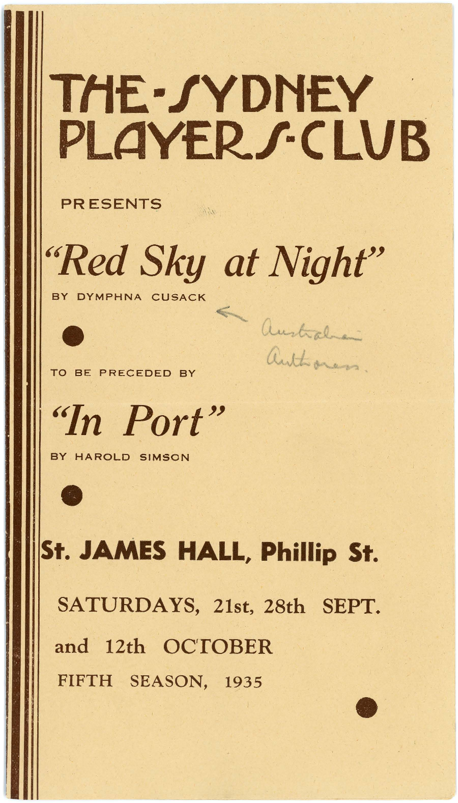 The Sydney Players' Club presents "Red Sky at Night", and "In Port"