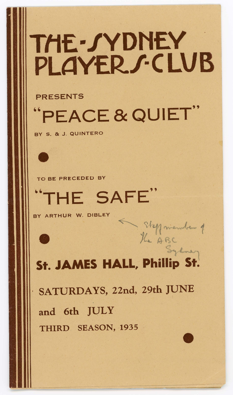 The Sydney Players' Club presents "Peace &amp; Quiet" &amp; "The Safe"