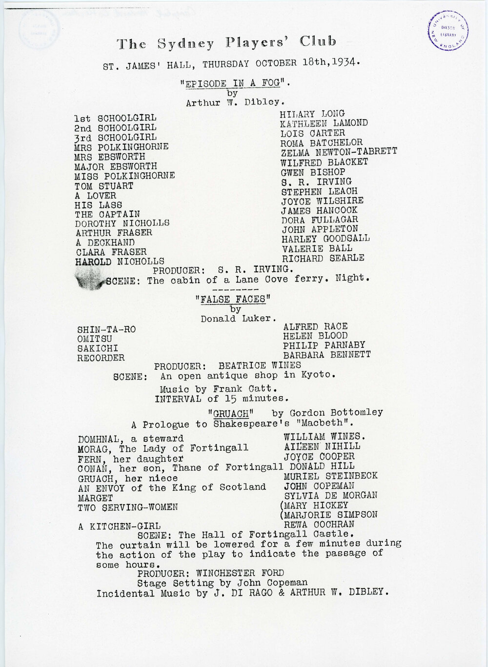 The Sydney Players' Club, "Episode in a Fog", "False Faces" &amp; Gruach"