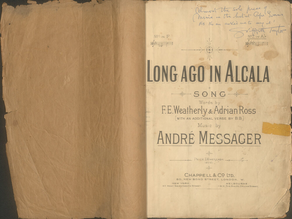 Long ago in Alcala, sheet music annotated by Griffith Taylor