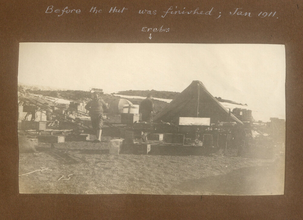 Before the hut was finished, January 1911
